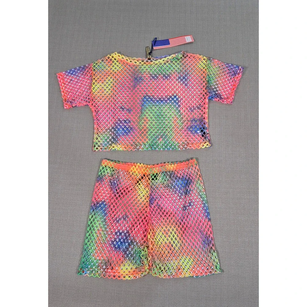 American Leisure Rainbow Tie Dye Mesh 2 Piece Set Crop Top Shorts XL New